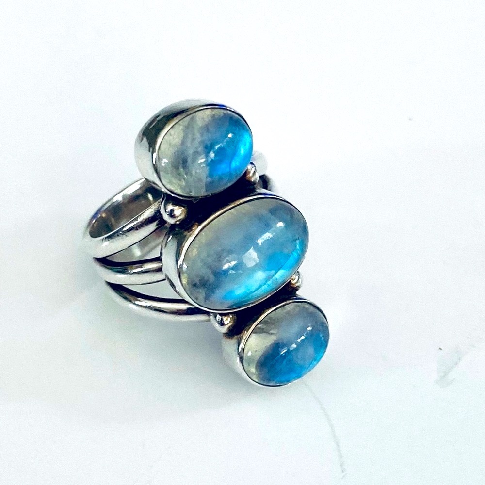 Large Triple Moonstone Ring in Sterling Silver - High End & Excellent Condition